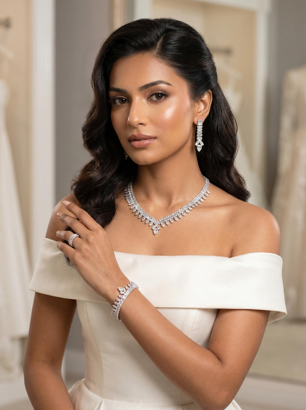 Silver Teardrop Crystal Bridal Jewelry Set – Necklace, Earrings, Bracelet & Ring