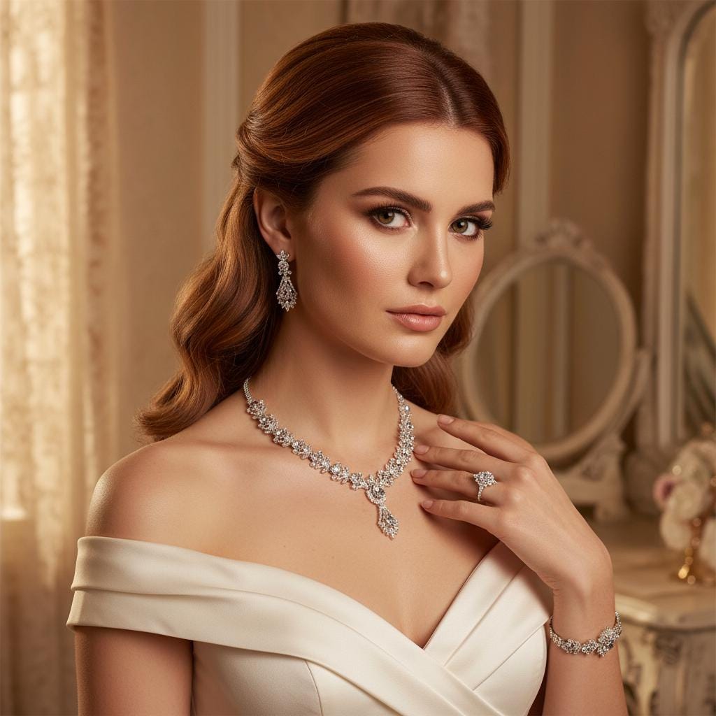 Model wearing a silver-tone statement jewelry set with one hand near the necklace to show the matching ring