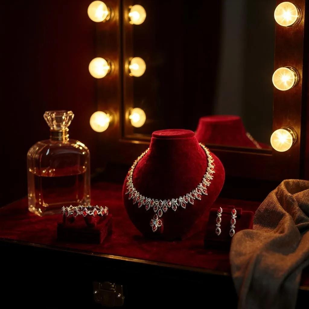 Red zircon evening jewelry displayed on burgundy velvet beside a perfume bottle and a mirror with warm lights.