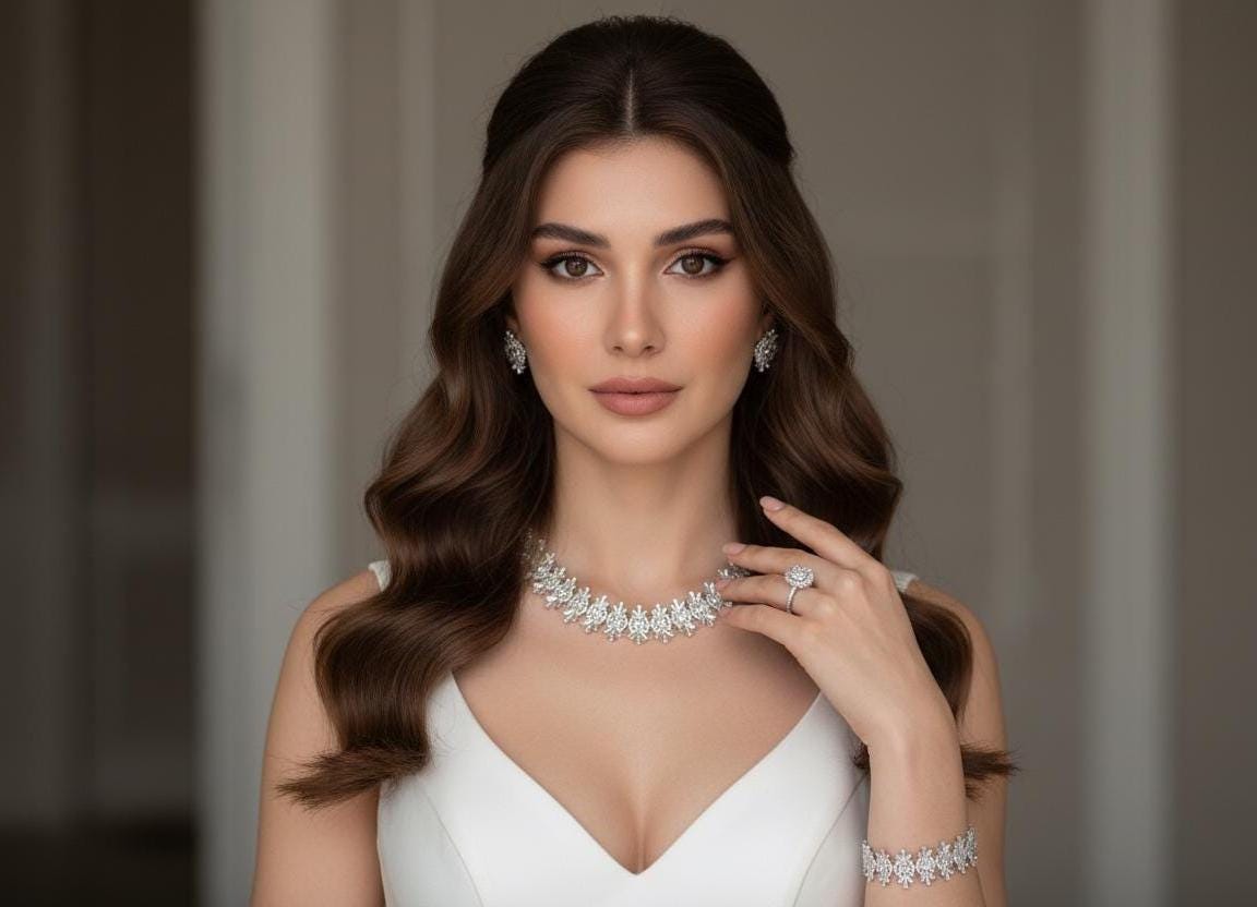 Woman wearing an elegant silver crystal necklace and earrings for a formal occasion