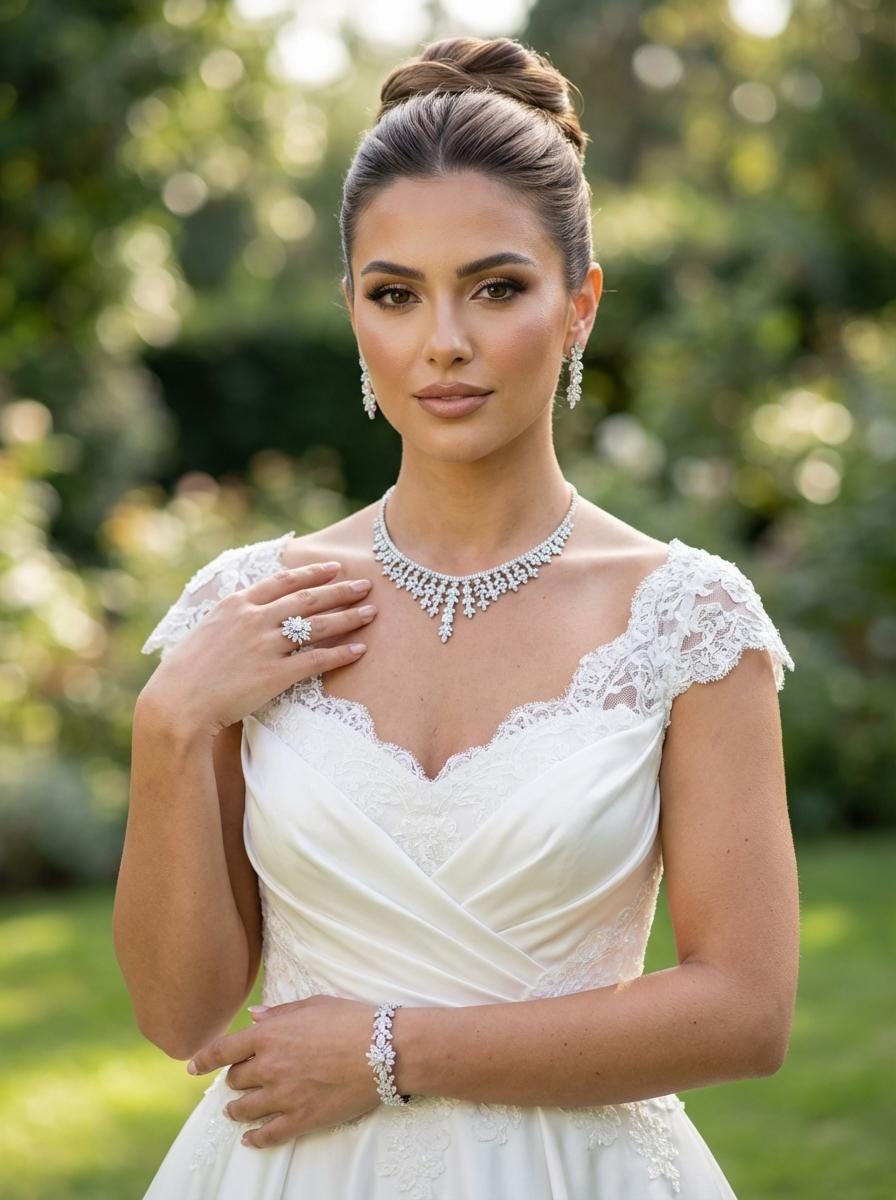 Bride in a garden wearing a delicate floral teardrop necklace with matching earrings, bracelet and ring.