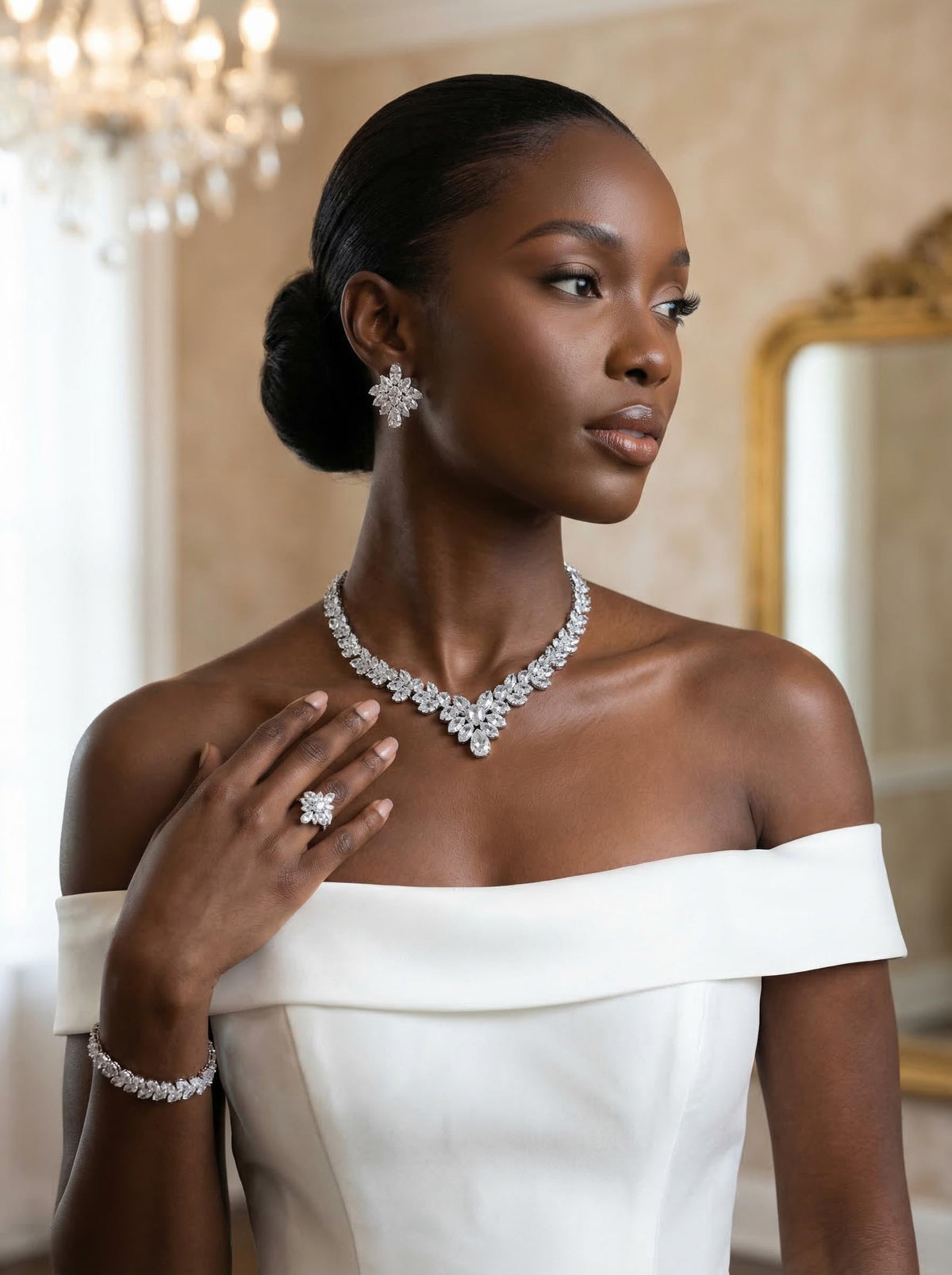 Black woman wearing a silver marquise crystal necklace, earrings, bracelet and ring with an off-shoulder white gown.