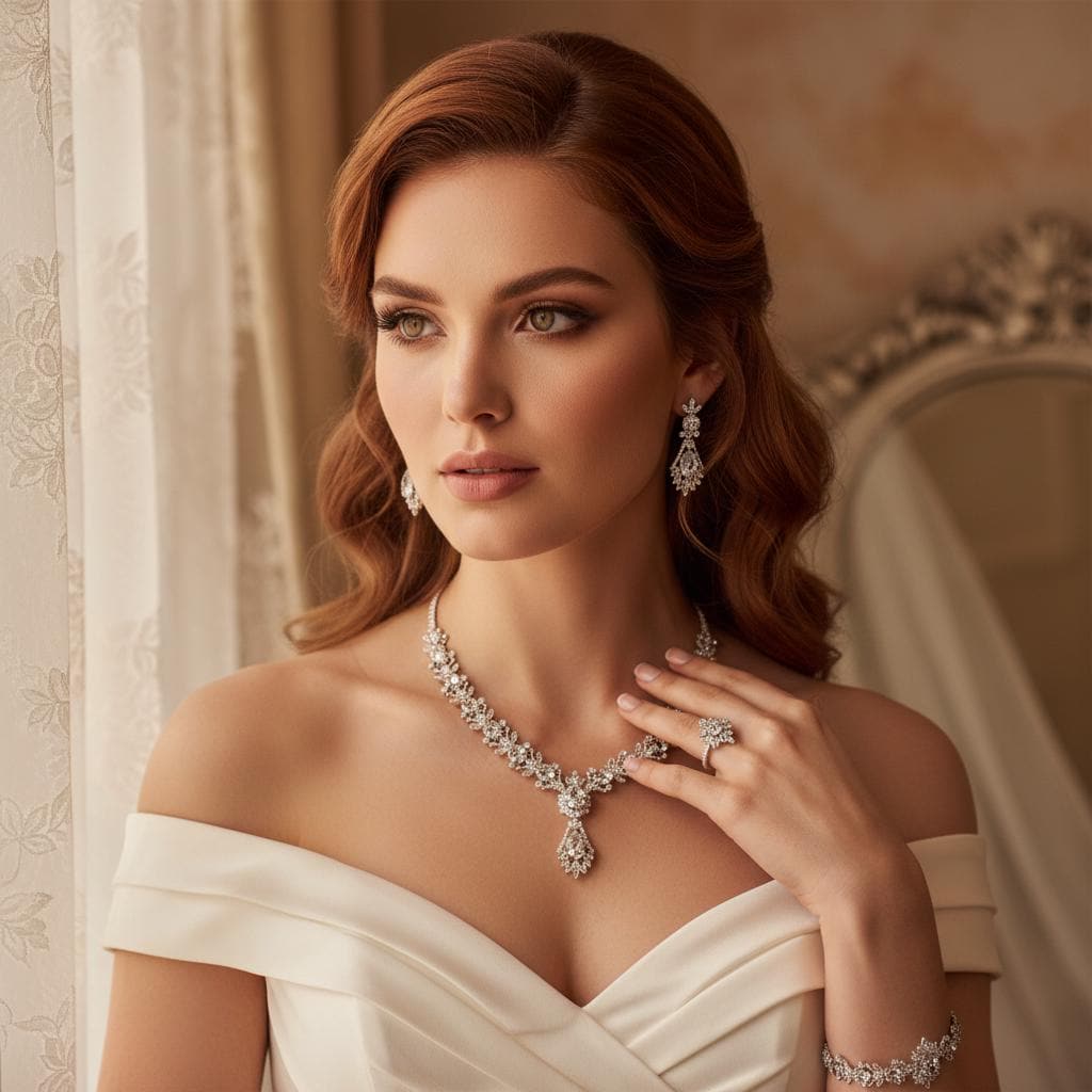Model in an ivory off-the-shoulder gown wearing a silver-tone teardrop necklace and matching jewelry