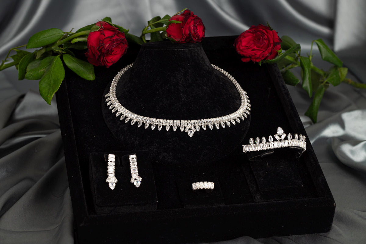 Silver Teardrop Crystal Bridal Jewelry Set – Necklace, Earrings, Bracelet & Ring