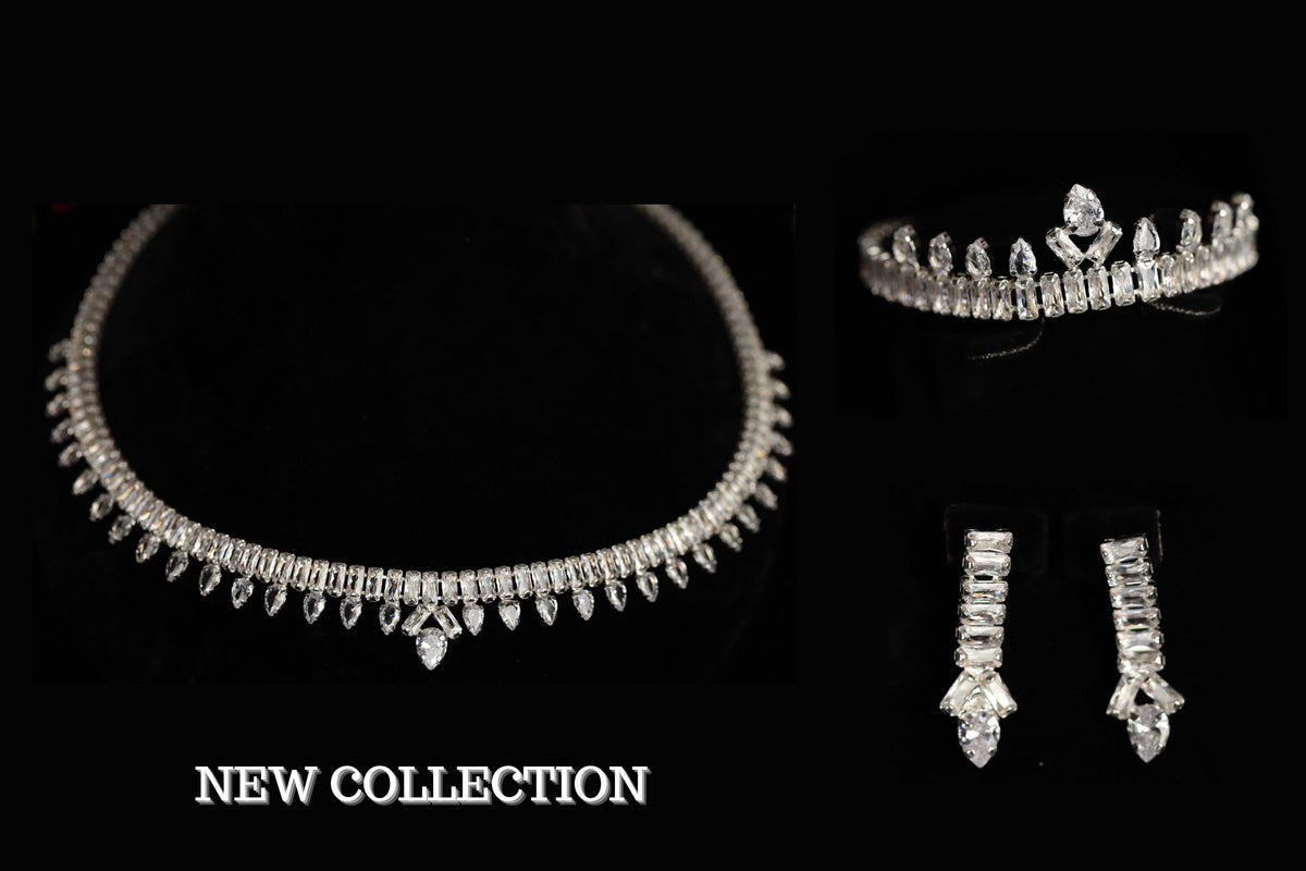 Silver Teardrop Crystal Bridal Jewelry Set – Necklace, Earrings, Bracelet & Ring