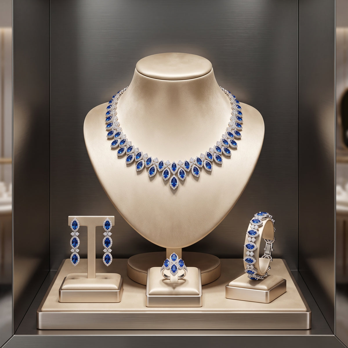 Blue zircon necklace, three-stone drop earrings, bracelet and cluster ring displayed on champagne-colored jewelry stands.