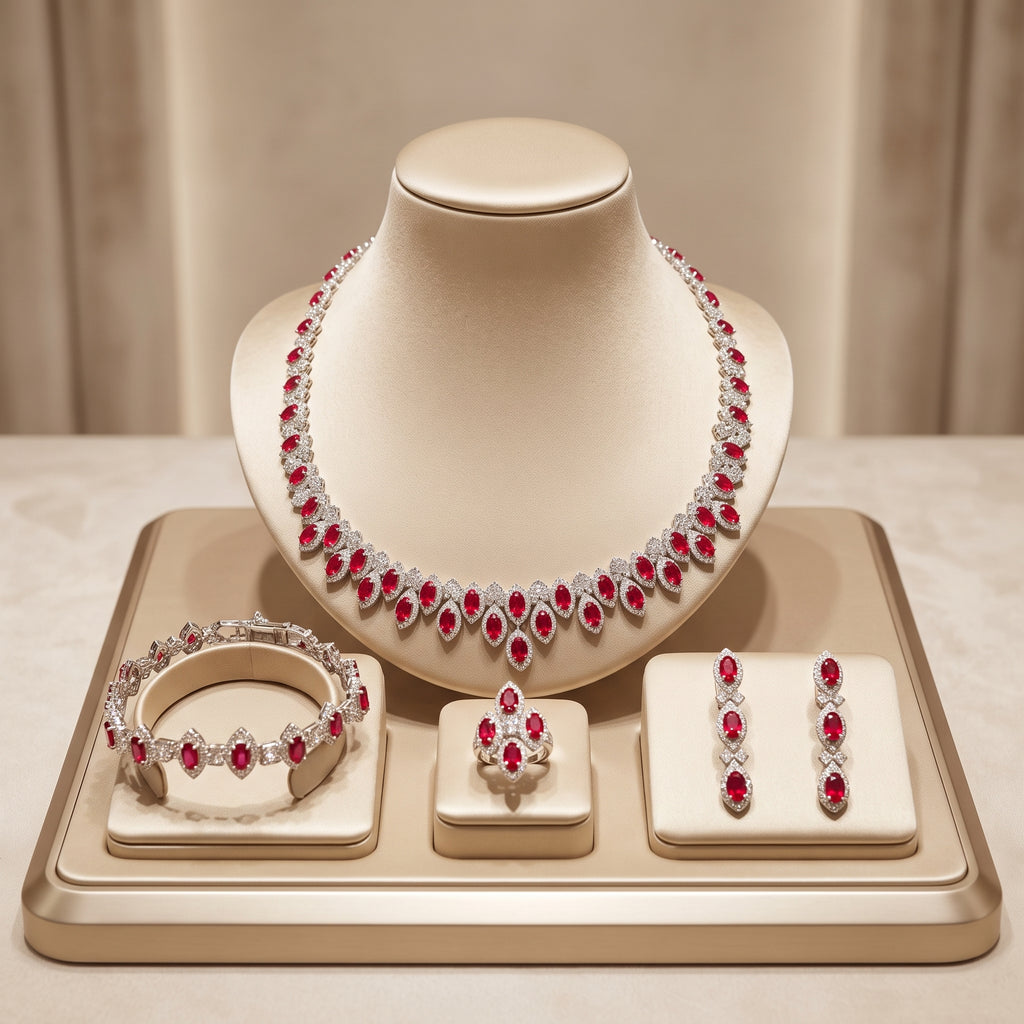 Four-piece red zircon jewelry set with clear halo accents arranged on champagne-colored display stands.