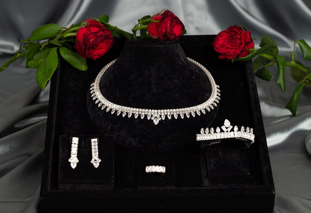 Silver Teardrop Crystal Bridal Jewelry Set – Necklace, Earrings, Bracelet & Ring