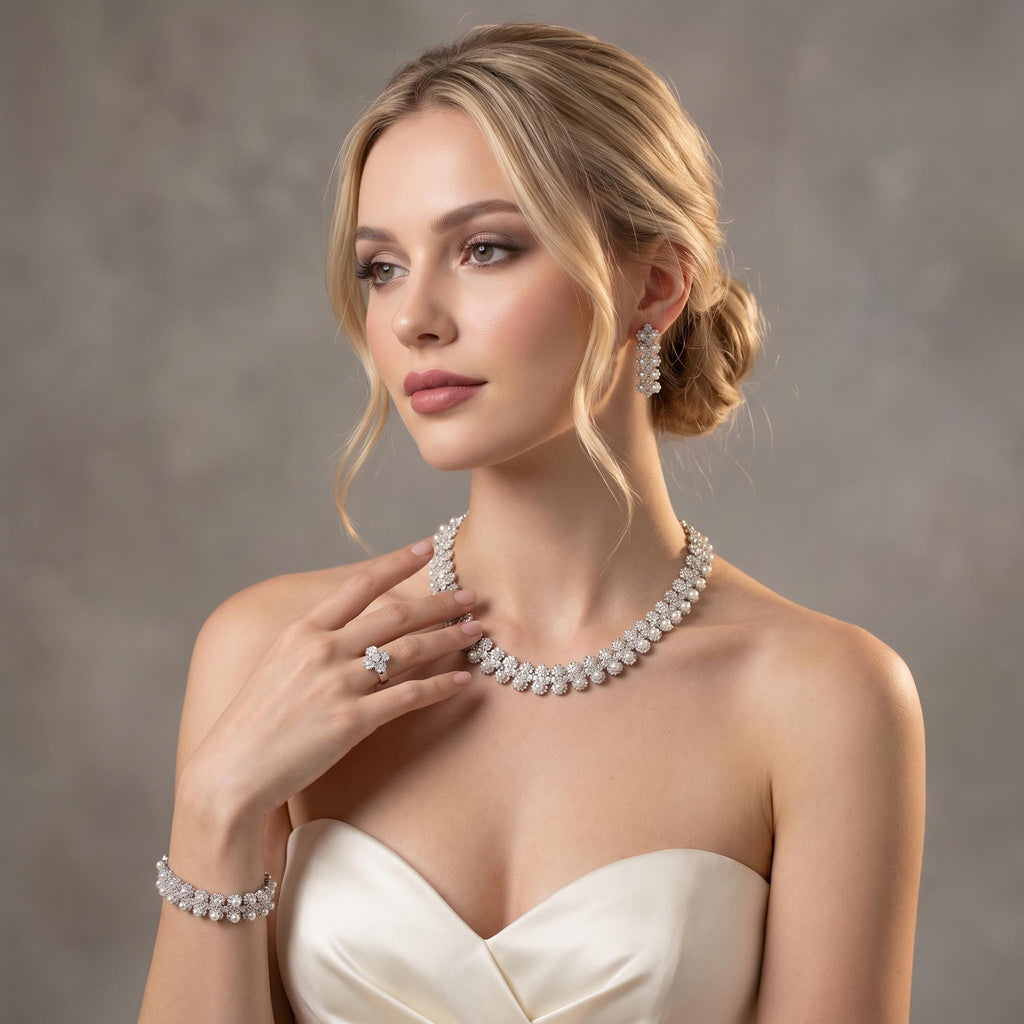 Blonde bride wearing a floral faux pearl necklace and matching drop earrings with a strapless ivory wedding dress.
