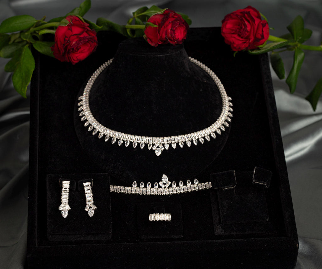 Silver Teardrop Crystal Bridal Jewelry Set – Necklace, Earrings, Bracelet & Ring
