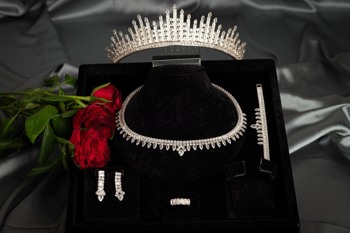 Silver Teardrop Crystal Bridal Jewelry Set – Necklace, Earrings, Bracelet & Ring