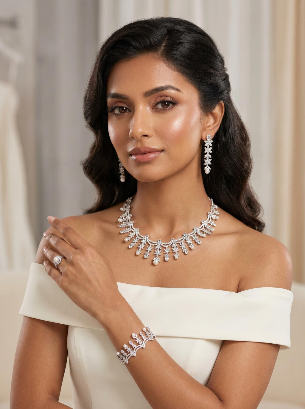 Woman styled with a silver crystal and pearl jewelry set for a wedding or elegant evening event