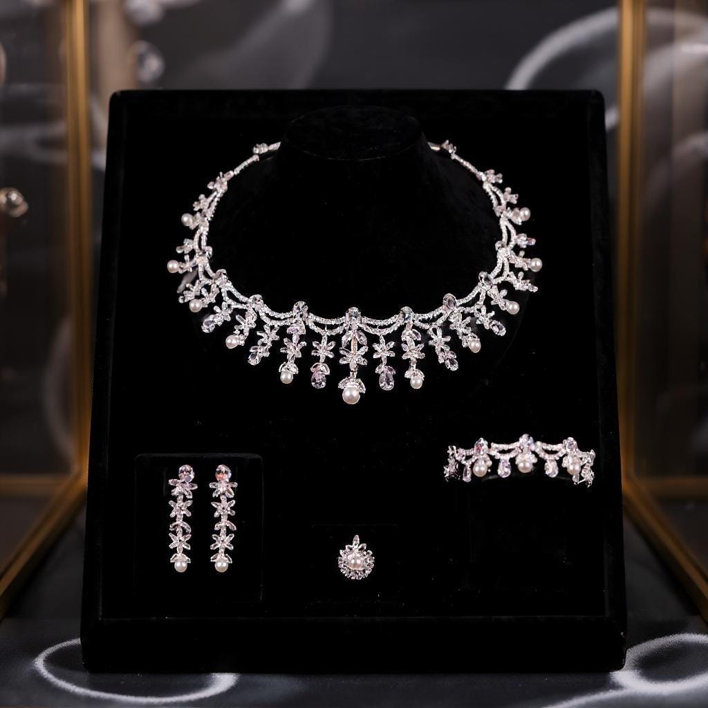 Silver floral crystal and pearl necklace, earrings, bracelet and adjustable ring displayed as a complete set