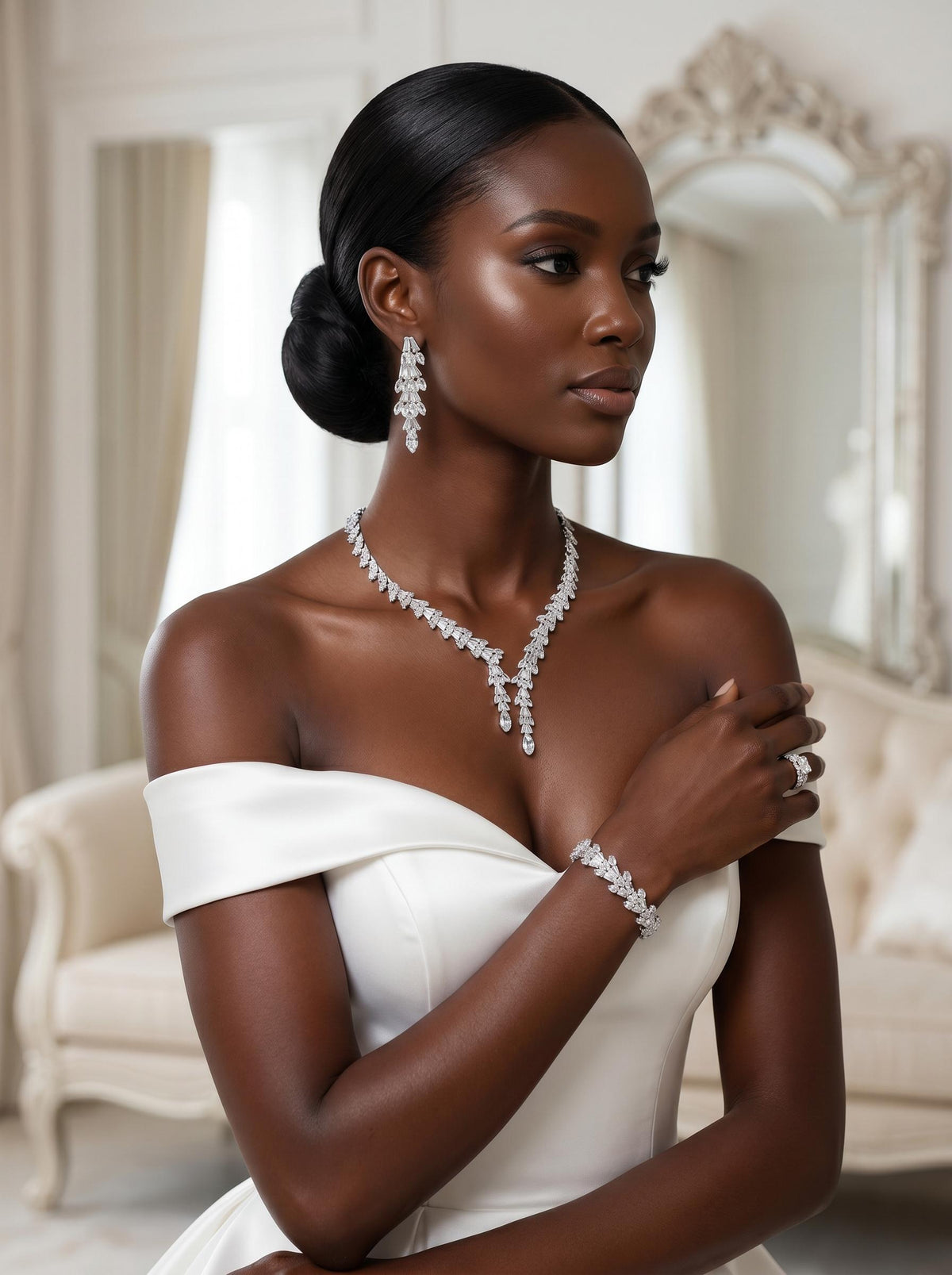 Bride in an off-the-shoulder gown wearing a silver-tone double drop bridal necklace and matching long zircon earrings.