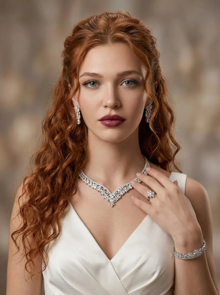 Bride with red curls wearing a floral V-shaped necklace, matching drop earrings, bracelet and ring with an ivory gown.