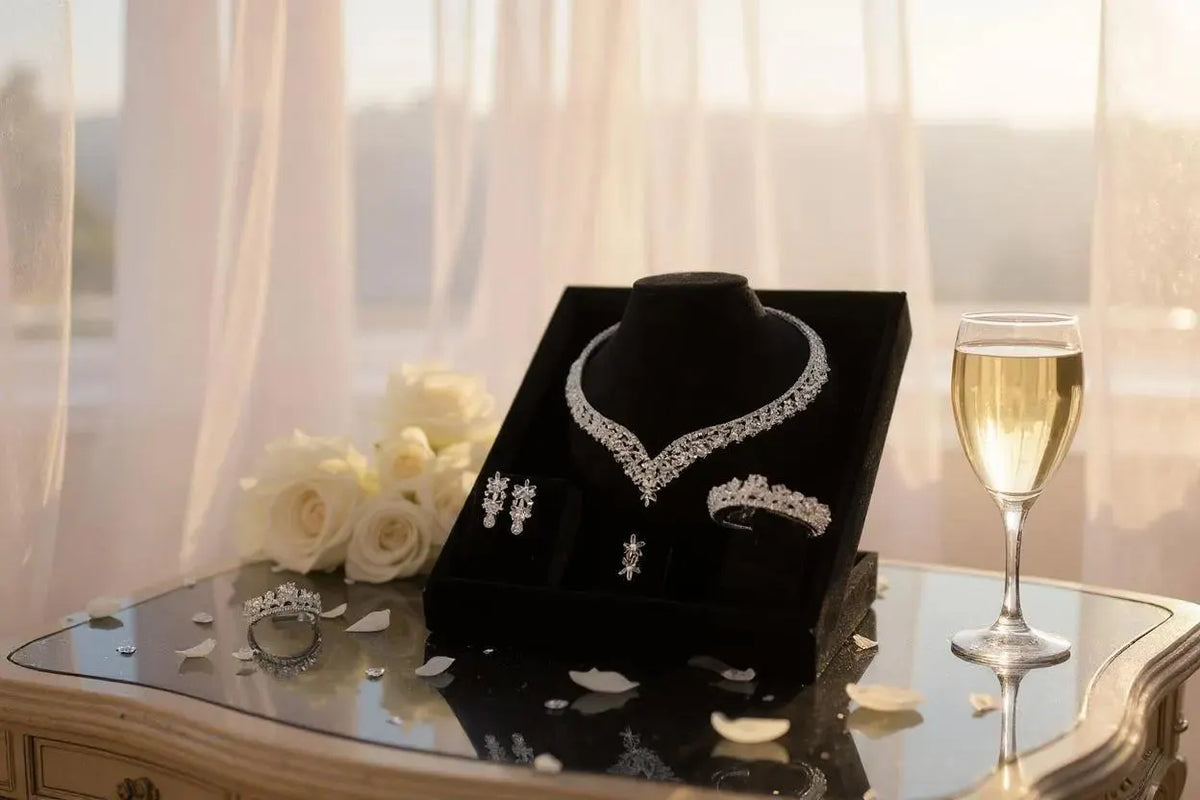 Floral bridal jewelry set in a black presentation box on a mirrored table beside white flowers and a champagne flute.