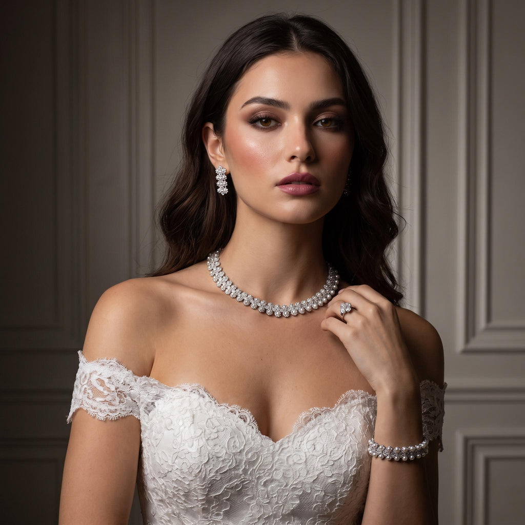 Bride touching a dainty floral and faux pearl necklace, wearing matching earrings and bracelet with a lace wedding dress.