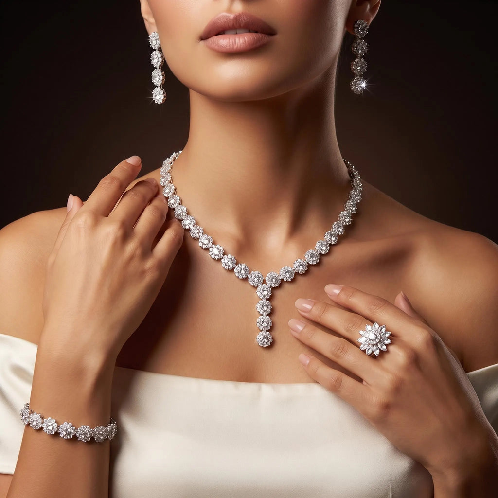 Model wearing a zircon flower Y necklace with matching earrings, bracelet and a larger floral ring against an ivory gown.