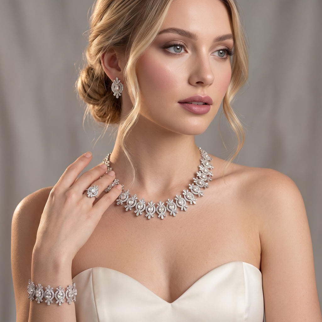 Bride wearing a four-piece silver crystal jewelry set with an ivory wedding dress