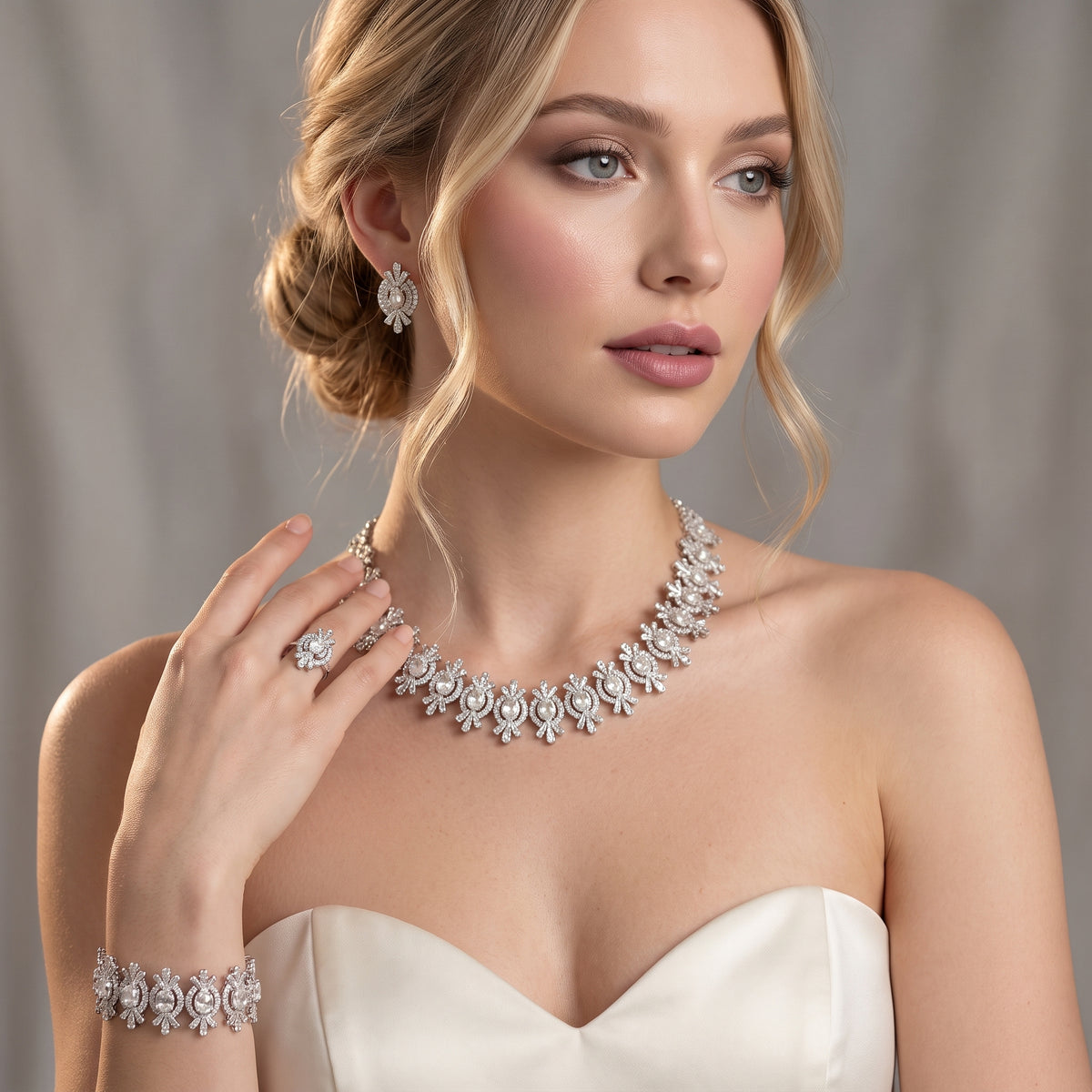Bride wearing a four-piece silver crystal jewelry set with an ivory wedding dress