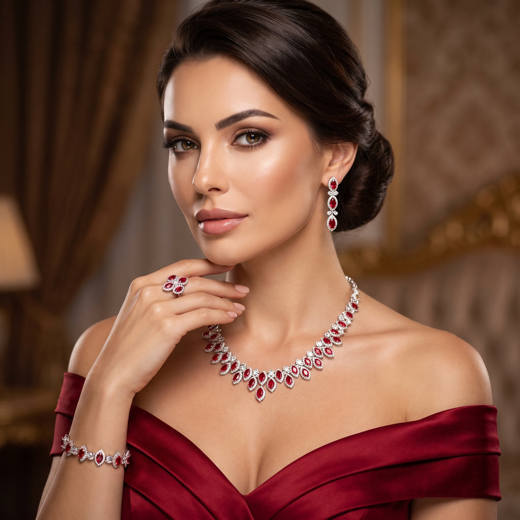 Red Zircon Jewelry Set – Statement Necklace, Drop Earrings, Bracelet & Ring